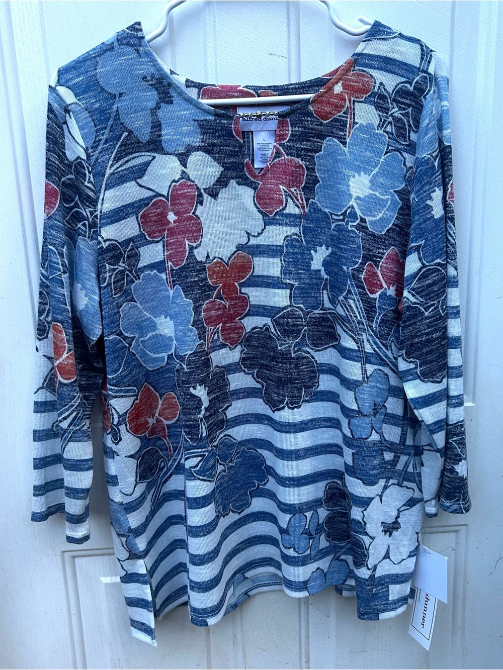 Alfred Dunner Blue and White Striped Floral Long-Sleeve Top with Red Accents NWT